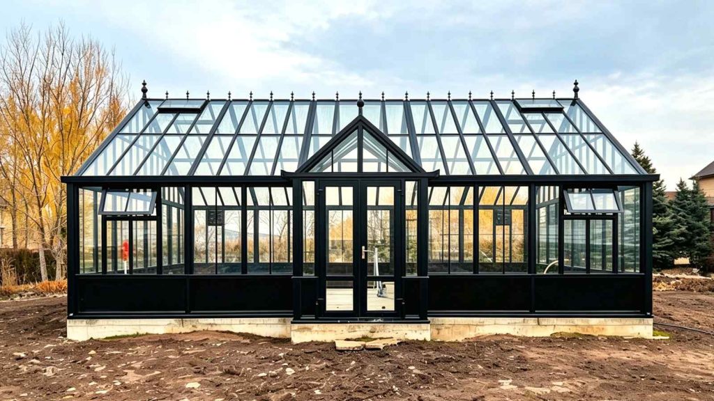 Matte black framed Victorian greenhouse with gabled porch, roof vents on concrete foundation in open garden lot